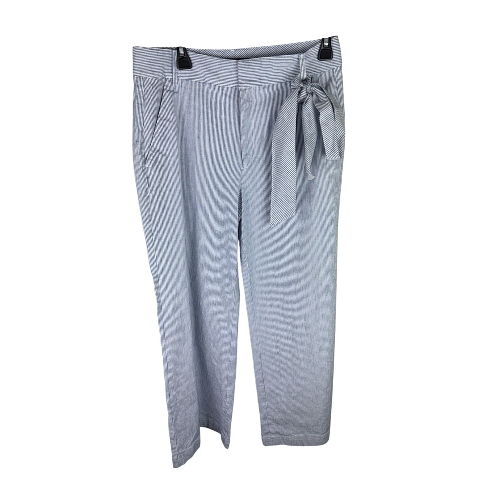 Banana Republic Seersucker Stripe Linen Blend Tie Waist Straight Leg Pants 8